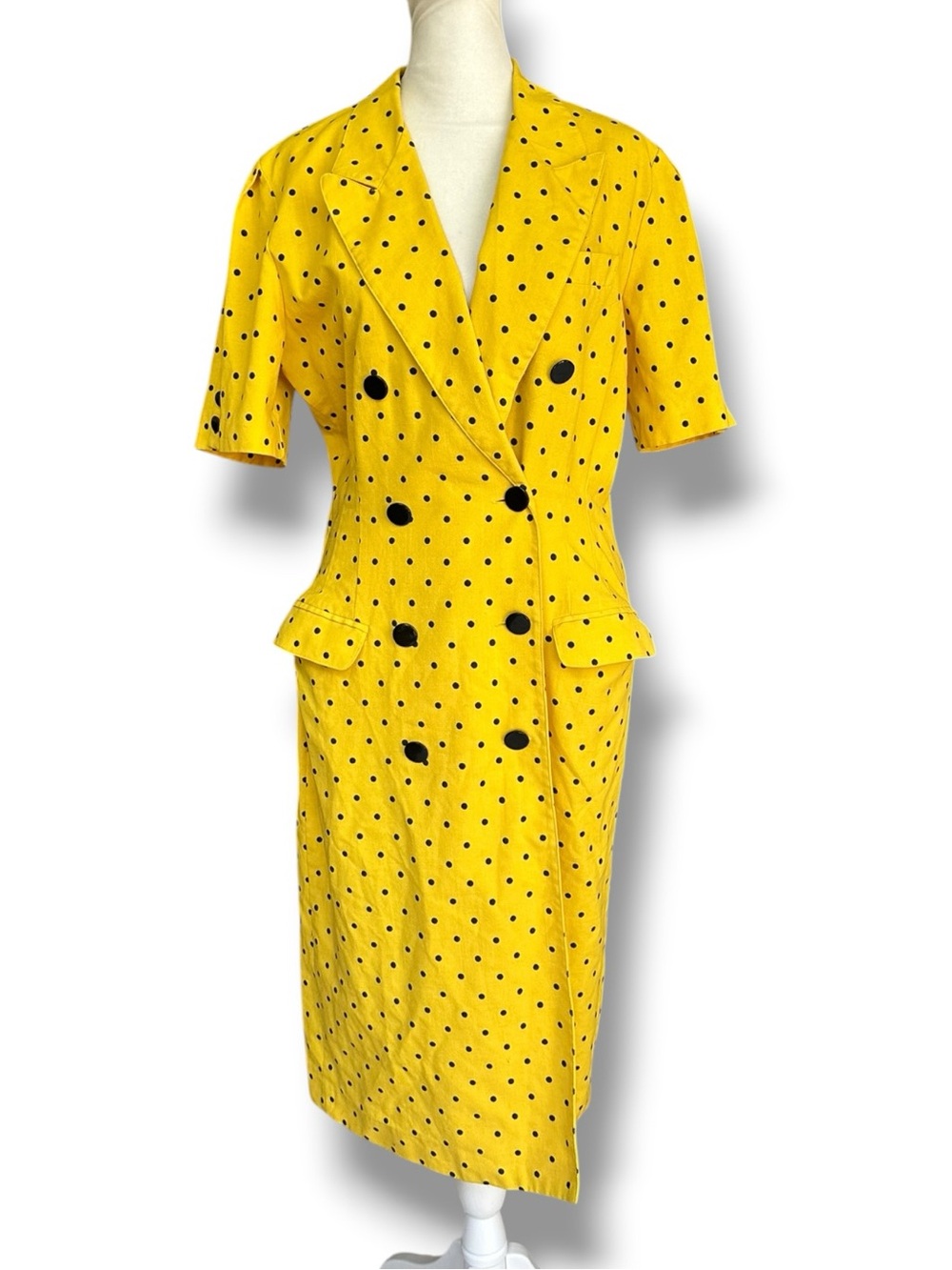 Vintage Sunshine Starshine Yellow + Black Polkadot Double-Breasted Dress